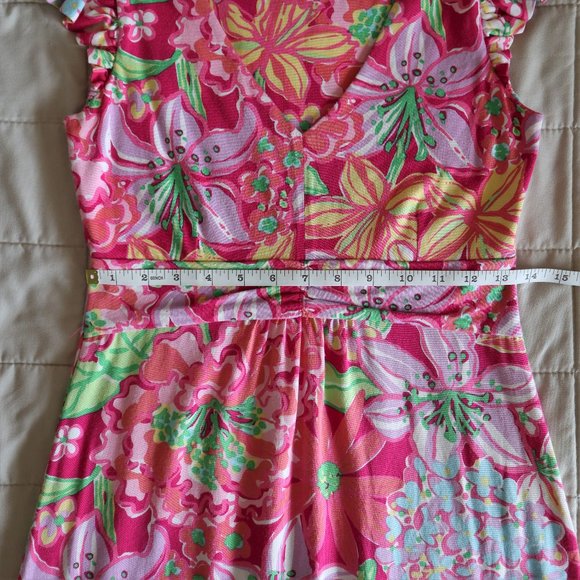 Lilly Pulitzer Pink Floral Fit and Flare Dress with Ruffle Cap Sleeve - Picture 5 of 8
